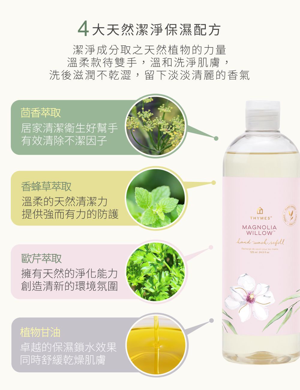 4大植萃滋養基底，從天然植物取得的洗淨成分，溫和洗淨，洗後不乾澀