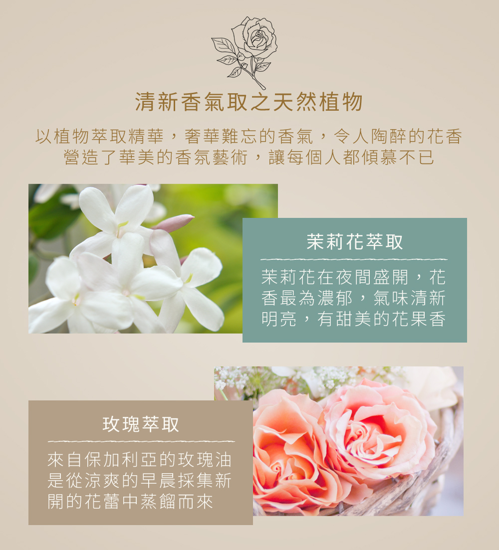 以植物萃取精華，奢華難忘的香氣，令人陶醉的花香營造了華美的香氛藝術，讓每個人都傾慕不已