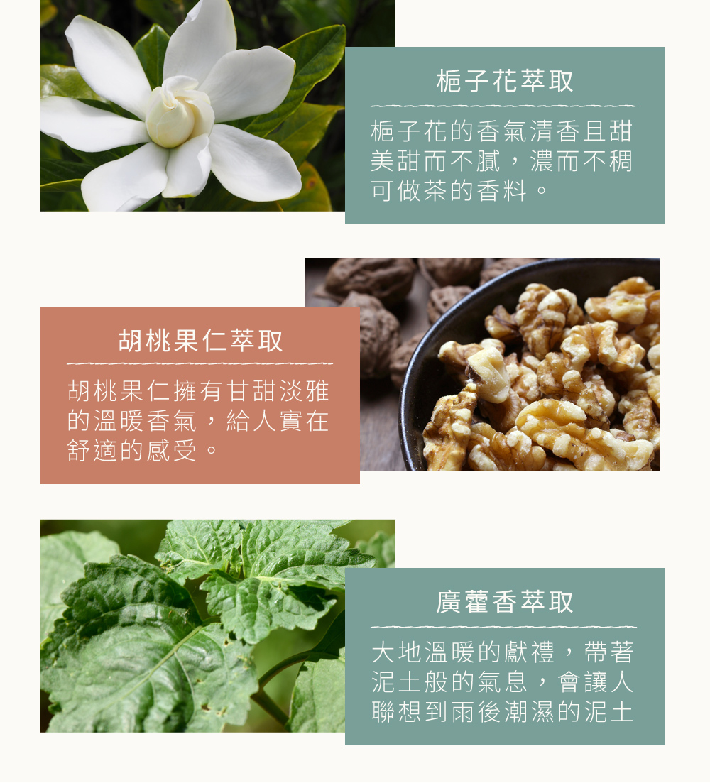 以植物萃取精華，植物萃取精華，交織一段美麗的香氣記憶，以女人嚮往的玫瑰、茉莉、梔子花作為主角