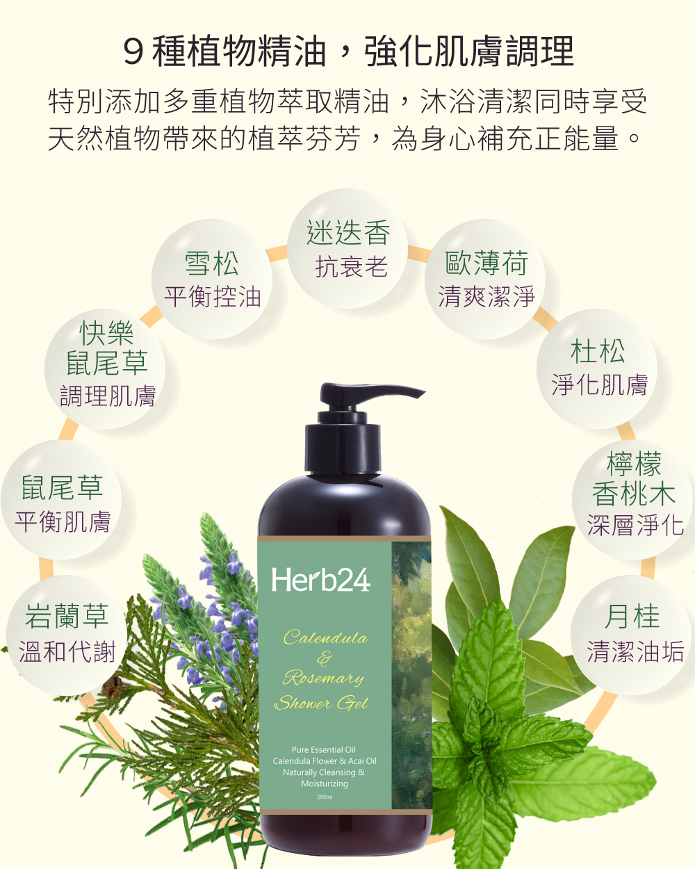 ９種植物精油，強化肌膚調理，特別添加多重植物萃取精油，沐浴清潔同時享受天然植物帶來的植萃芬芳，為身心補充正能量。