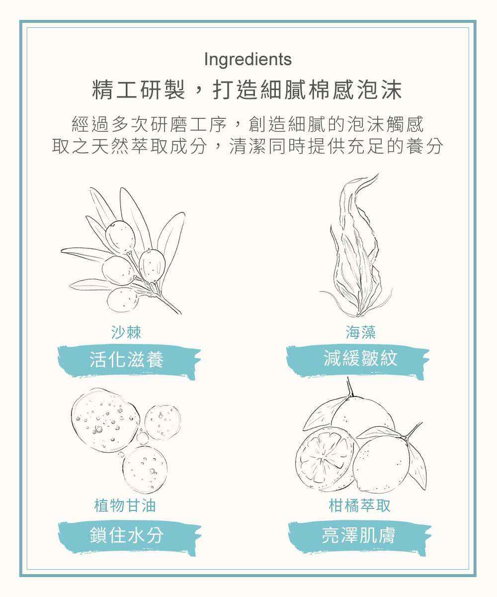 精工研製，打造細膩棉感泡沫，經過多次研磨工序，創造細膩的泡沫觸感，取之天然萃取成分，清潔同時提供充足的養分