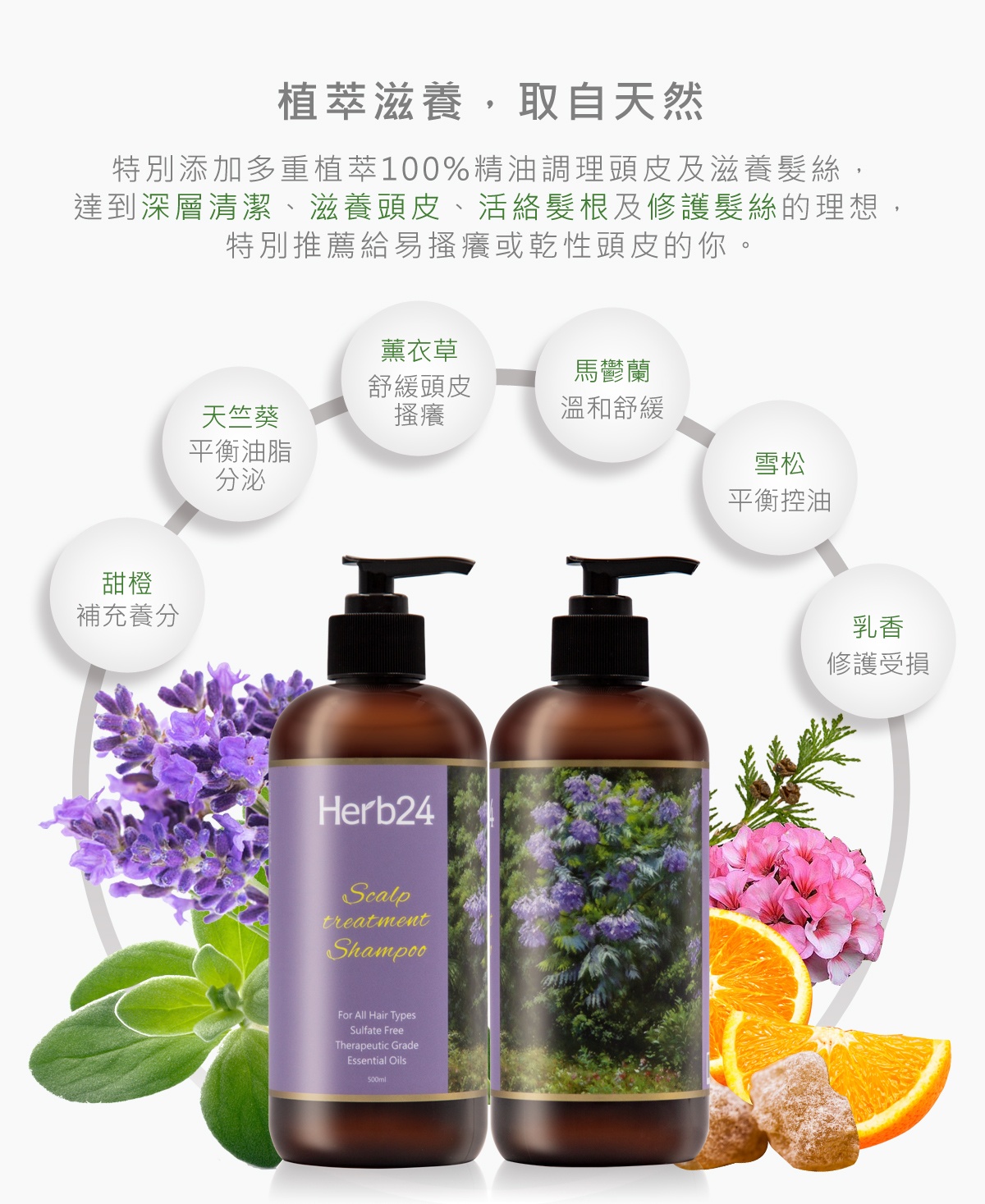 特別添加多重植萃100%精油調理頭皮及滋養髮絲，達到深層清潔、強健髮根、豐盈髮絲及淨化頭皮的理想，適合各種髮質，特別推薦給脆弱髮及油性頭皮的你。