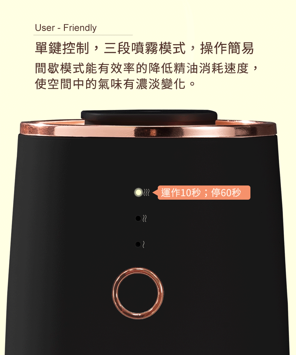 單鍵控制，三段噴霧模式，操作簡易，間歇模式能有效率的降低精油消耗速度，使空間中的氣味有濃淡變化。