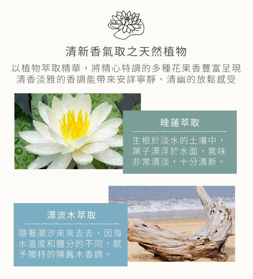 以植物萃取精華，將精心特調的多種花果香豐富呈現清香淡雅的香調能帶來安詳寧靜、清幽的放鬆感受