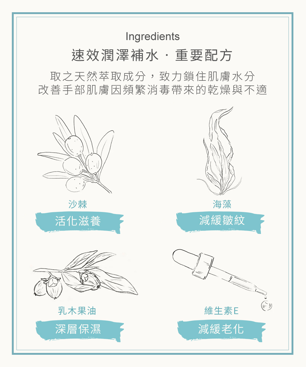 以植物款待雙手肌膚，取之天然萃取成分，多種植物滋養配方，溫和清潔同時柔嫩肌膚，不給手部肌膚負擔
