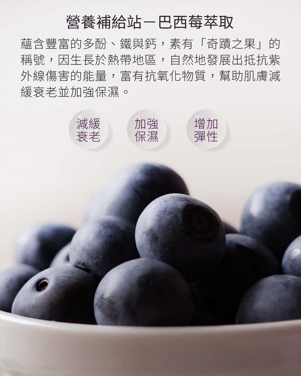 營養補給站－巴西莓萃取，蘊含豐富的多酚、鐵與鈣，素有「奇蹟之果」的稱號，因生長於熱帶地區，自然地發展出抵抗紫外線傷害的能量，富有抗氧化物質，幫助肌膚減緩衰老並加強保濕。