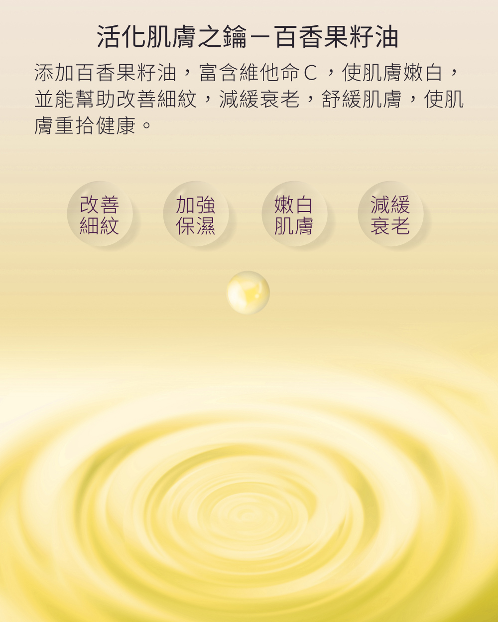 活化肌膚之鑰－百香果籽油，添加百香果籽油，富含維他命Ｃ，使肌膚嫩白，並能幫助改善細紋，減緩衰老，舒緩肌膚，使肌膚重拾健康。