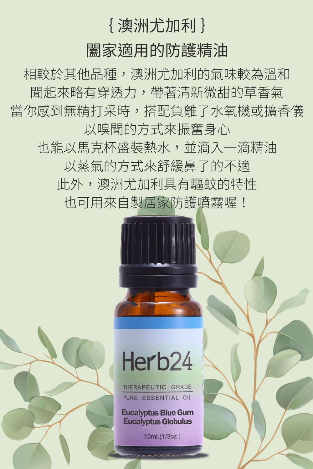 闔家適用的防護精油，相較於其他品種，澳洲尤加利的氣味較為溫和 聞起來略有穿透力，帶著清新微甜的草香氣 當你感到無精打采時，搭配負離子水氧機或擴香儀 以嗅聞的方式來振奮身心 也能以馬克杯盛裝熱水，並滴入一滴精油 以蒸氣的方式來舒緩鼻子的不適 此外，澳洲尤加利具有驅蚊的特性 也可用來自製居家防護噴霧喔！