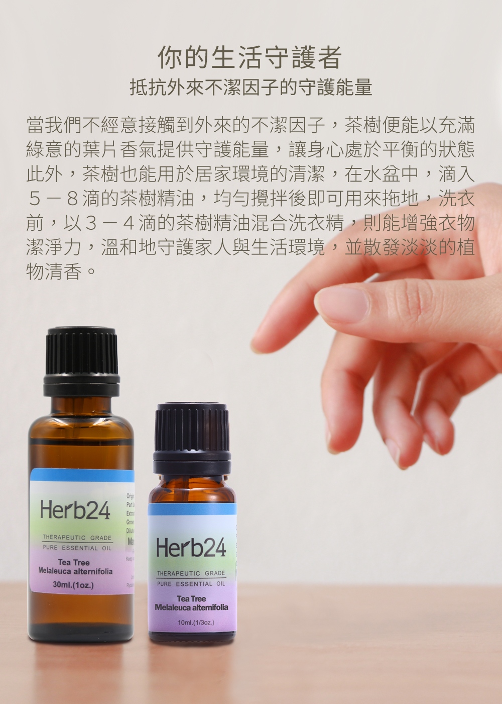 你的生活守護者，抵抗外來不潔因子的守護能量，當我們不經意接觸到外來的不潔因子，茶樹便能以充滿綠意的葉片香氣提供守護能量，讓身心處於平衡的狀態此外，茶樹也能用於居家環境的清潔，在水盆中，滴入５－８滴的茶樹精油，均勻攪拌後即可用來拖地，洗衣前，以３－４滴的茶樹精油混合洗衣精，則能增強衣物潔淨力，溫和地守護家人與生活環境，並散發淡淡的植物清香。