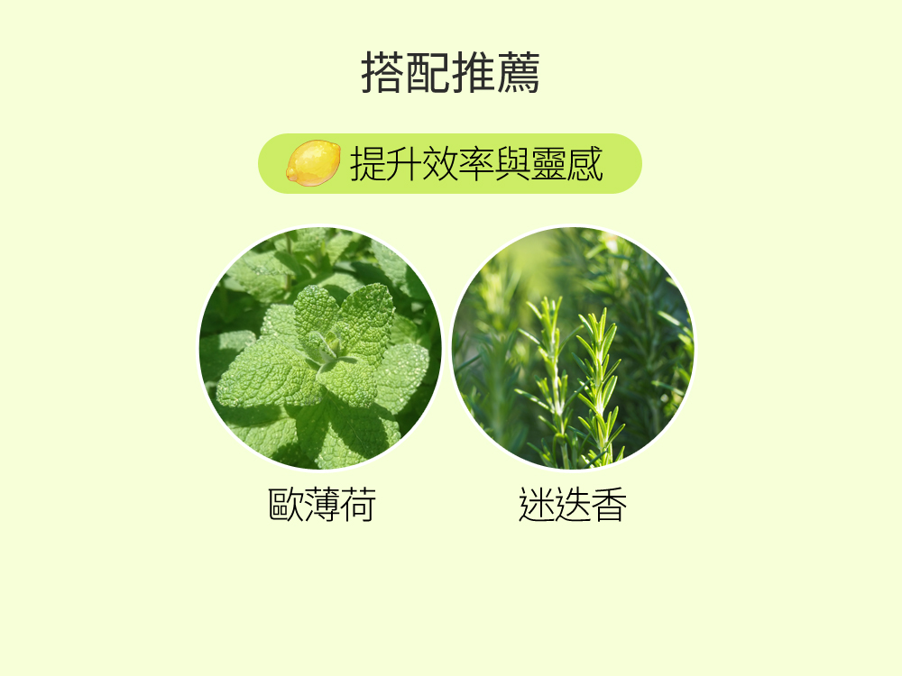 許多料理中都能見到使用檸檬來去腥，而清爽的檸檬精油對於環境也有著類似的效果，可以幫助室內分解異味與除臭與防護，若對尤加利的香氣沒有很喜愛卻想要有類似的防護效果，很推薦以平易近人的檸檬香氣代替。適合診所、托兒環境或是剛完成油漆粉刷的空間，滴於棉球上放入鞋內也可抵消鞋子裡的異味。