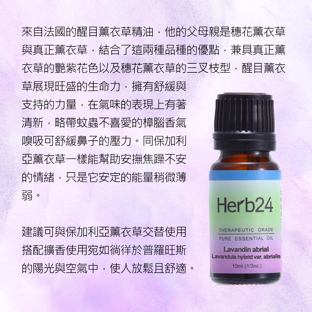 來自法國的醒目薰衣草精油，他的父母親是穗花薰衣草與真正薰衣草，結合了這兩種品種的優點，兼具真正薰衣草的艷紫花色以及穗花薰衣草的三叉枝型，醒目薰衣草展現旺盛的生命力，擁有舒緩與支持的力量