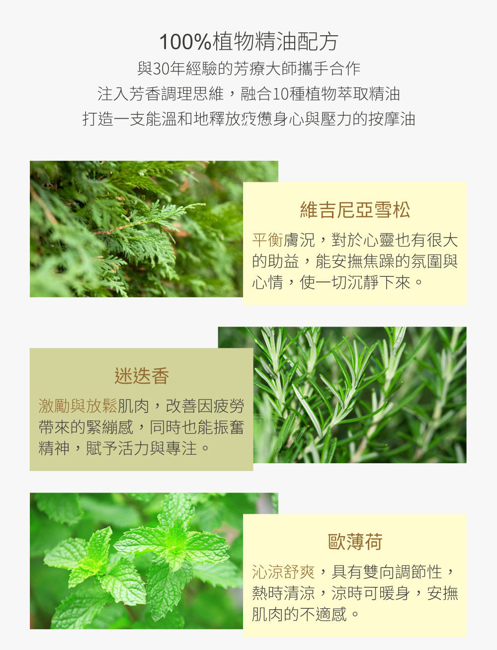 100%植物精油配方，與30年經驗的芳療大師攜手合作，注入芳香調理思維，融合10種植物萃取精油，打造一支能溫和地釋放疲憊身心與壓力的按摩油