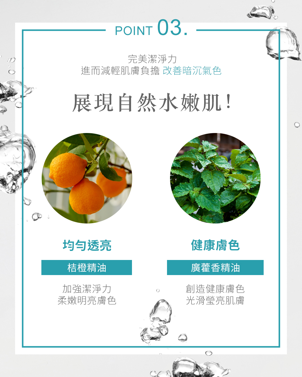 POINT03完美潔淨力進而減輕肌膚負擔 改善暗沉氣色展現自然水嫩肌!透亮健康膚色桔橙精油廣藿香精油加強潔淨力柔嫩明亮膚色創造健康膚色光滑瑩亮肌膚