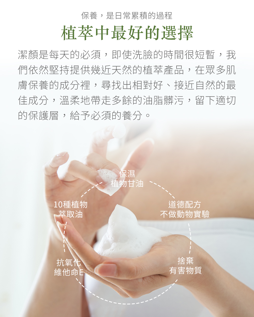 保養,是日常累積的過程植萃中最好的選擇潔顏是每天的必須,即使洗臉的時間很短暫,我們依然堅持提供幾近天然的植萃產品,在眾多肌膚保養的成分裡,尋找出相對好、接近自然的最佳成分,溫柔地帶走多餘的油脂髒污,留下適切的保護層,給予必須的養分。保濕植物甘油10種植物萃取油道德配方不做動物實驗抗氧化維他命 捨棄有害物質