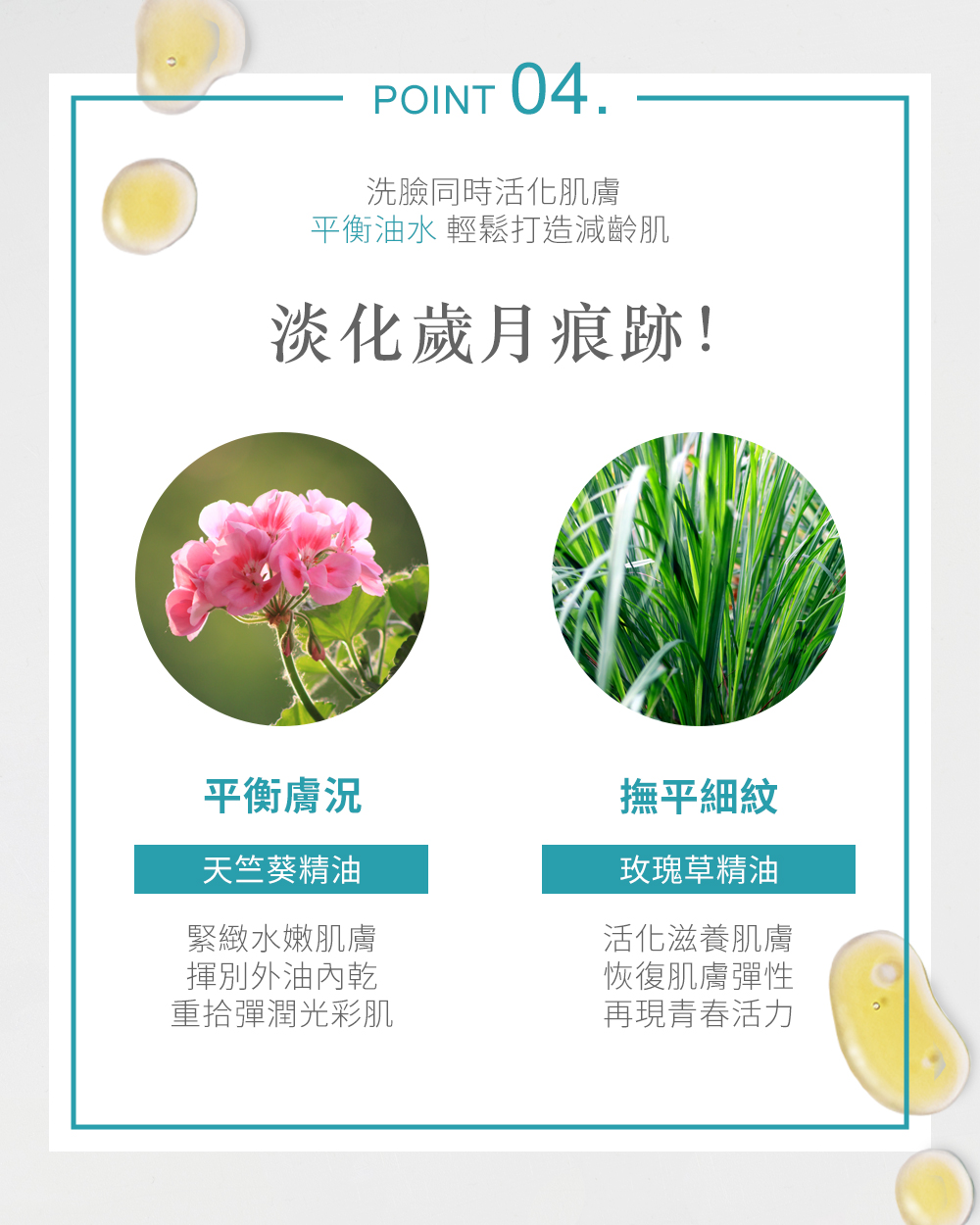 POINT 04.洗臉同時活化肌膚平衡油水 輕鬆打造減齡肌淡化歲月痕跡!平衡膚況撫平細紋天竺葵精油緊緻水嫩肌膚揮別外油內乾玫瑰草精油活化滋養肌膚恢復肌膚彈性重拾彈潤光彩肌再現青春活力