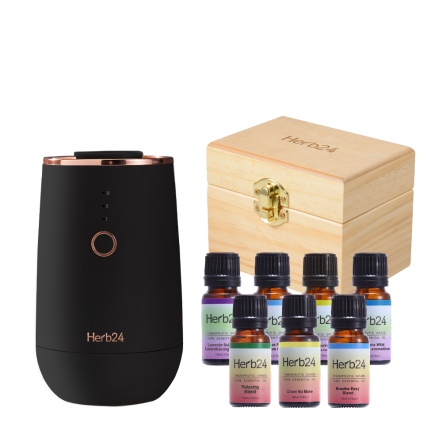 Herb24 晨霧純精油擴香儀II黑 -９件超值組（含7件單複方精油與木盒組）