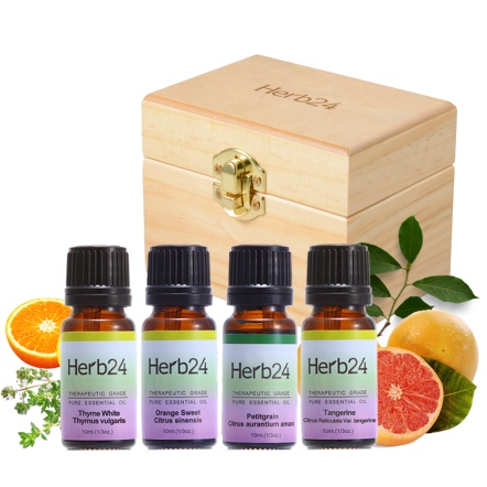 Herb24 純質精油５件組（甜橙、紅桔、苦橙葉、百里香各10ml，6格木盒）