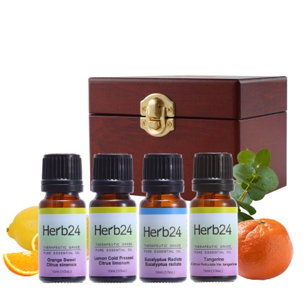 Herb24 純質精油珍藏５件組（甜橙、檸檬、澳洲尤加利、紅桔、原木盒６格）