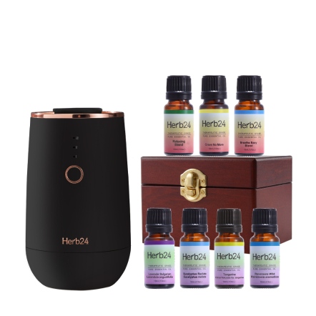 Herb24 晨霧純精油擴香儀II黑 -９件超值組（含7件單複方精油與木盒組）