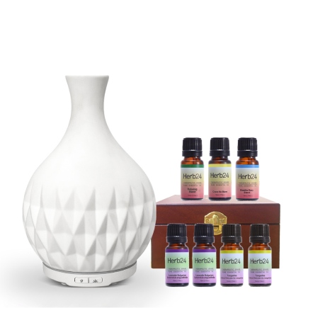 Herb24 骨瓷高頻負離子水氧機 -９件超值組（含7件單複方精油與木盒組）