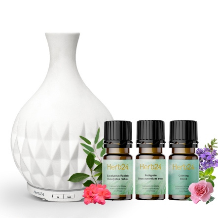 Herb24 星燦骨瓷負離子水氧機４件組（平靜心靈、澳洲尤加利、苦橙葉各5ml）